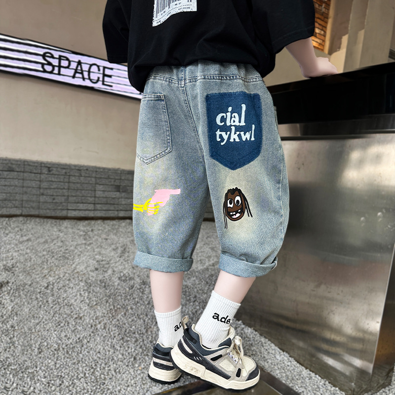 Children's clothing boys' summer pants summer style shorts 2024 new middle and large children's summer boys thin denim mid-length pants 