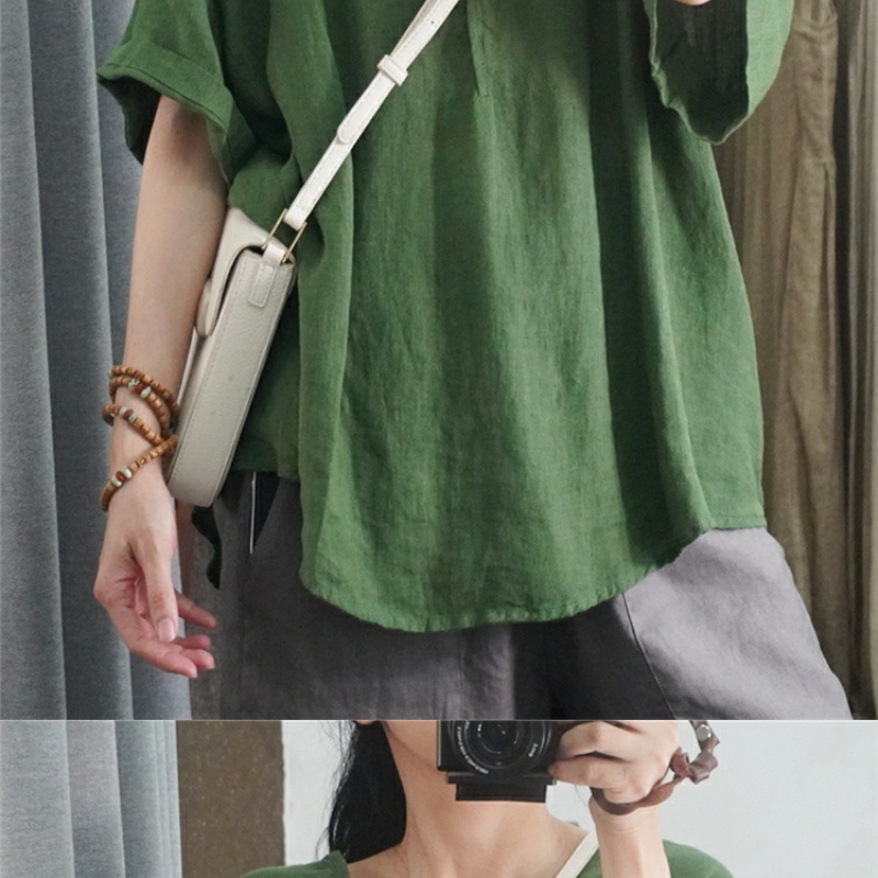 Women's Clothing Summer Style Women's Casual Shirt Short Sleeve Loose Cotton Linen Top Plus Size Pink And Black_ecoleips.com