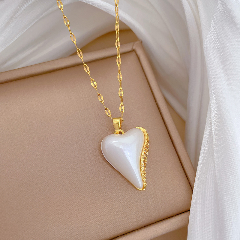 Collana elegante a cuore con perla e diamanti in acciaio_voghion.com
