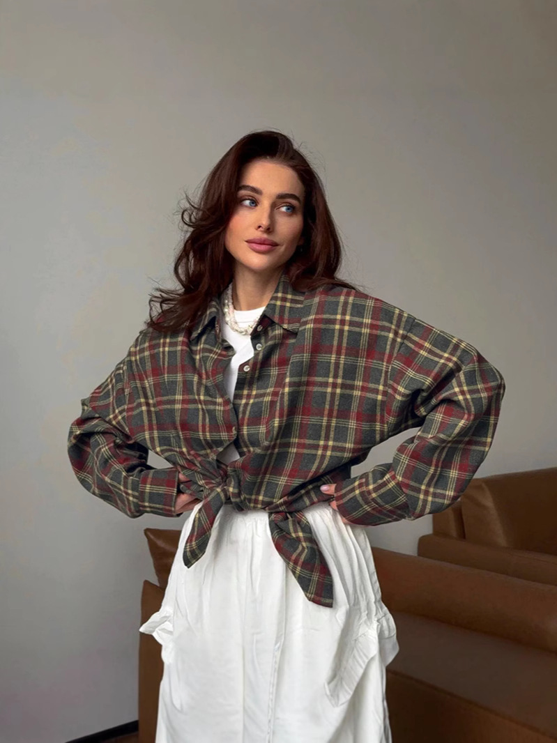 Summer New Plaid Retro Style Versatile Casual Lapel Long-Sleeved Cardigan Shirt European and American Polyester-Cotton Export Shirt for Women
