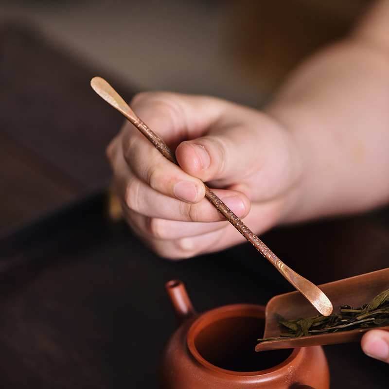 8E7Q手工岩纹紫铜茶拨茶勺复古茶匙茶扒茶针茶铲茶则功夫茶配件六