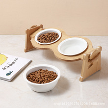 寵物碗陶瓷貓碗斜口保護頸椎貓糧碗寵物狗碗可調節竹木架寵物雙碗