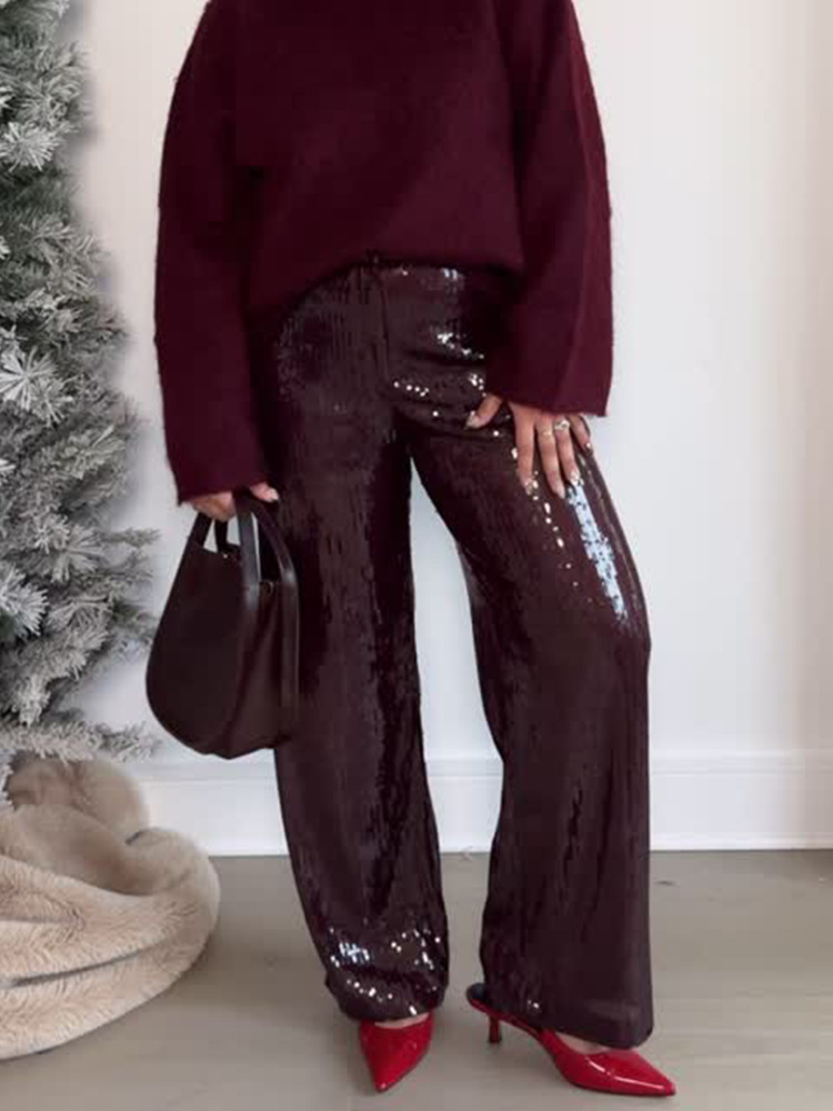 Temperamento de color sólido, pantalones de piernas anchas de lentejuelas, 2025 primavera y otoño, nuevos pantalones de mujer, moda suelta, estilo europeo y americano transfronterizo.