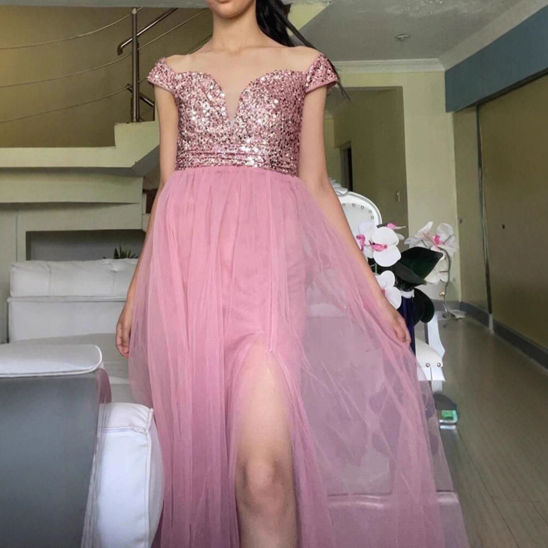 2026 European and American Foreign Trade Cross-Border Sleeveless Slit Sequin Flowing Evening Gown Tulle Evening Dress Dress