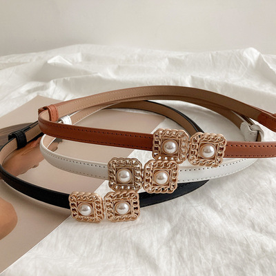 新款细腰带女士真皮百搭无孔珍珠装饰性西装毛衣连衣裙收腰皮带