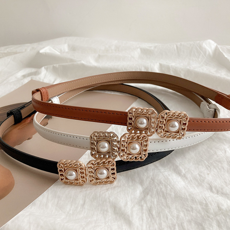 新款细腰带女士真皮百搭无孔珍珠装饰性西装毛衣连衣裙收腰皮带