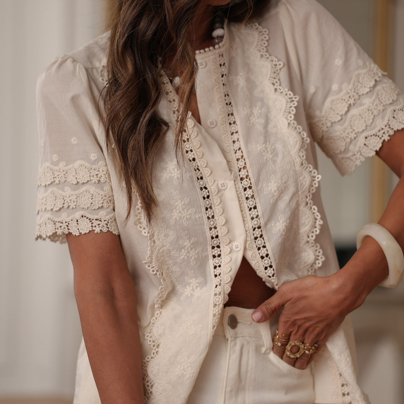 Cross-Border Exclusive Supply of New Summer Style French-Style Cotton Embroidered Three-Dimensional Lace Short-Sleeved Shirts for Women, Elegant and Versatile Tops Cross-Border Exclusive Supply of New Summer Style French-Style Cotton Embroidered Three-Dimensional Lace Short-Sleeved Shirts for Women, Elegant and Versatile Tops