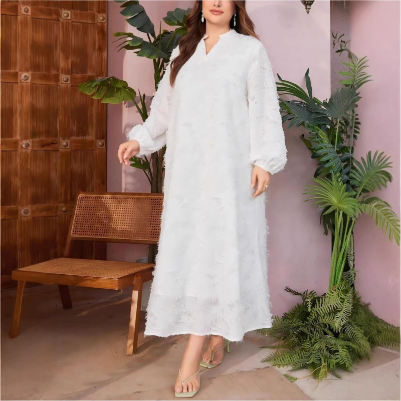 Plus-Size White Textured Jacquard Robe for Women, V-Neck, Loose Lantern Sleeves, Suitable for Daily Wear / Holidays Plus-Size White Textured Jacquard Robe for Women, V-Neck, Loose Lantern Sleeves, Suitable for Daily Wear / Holidays