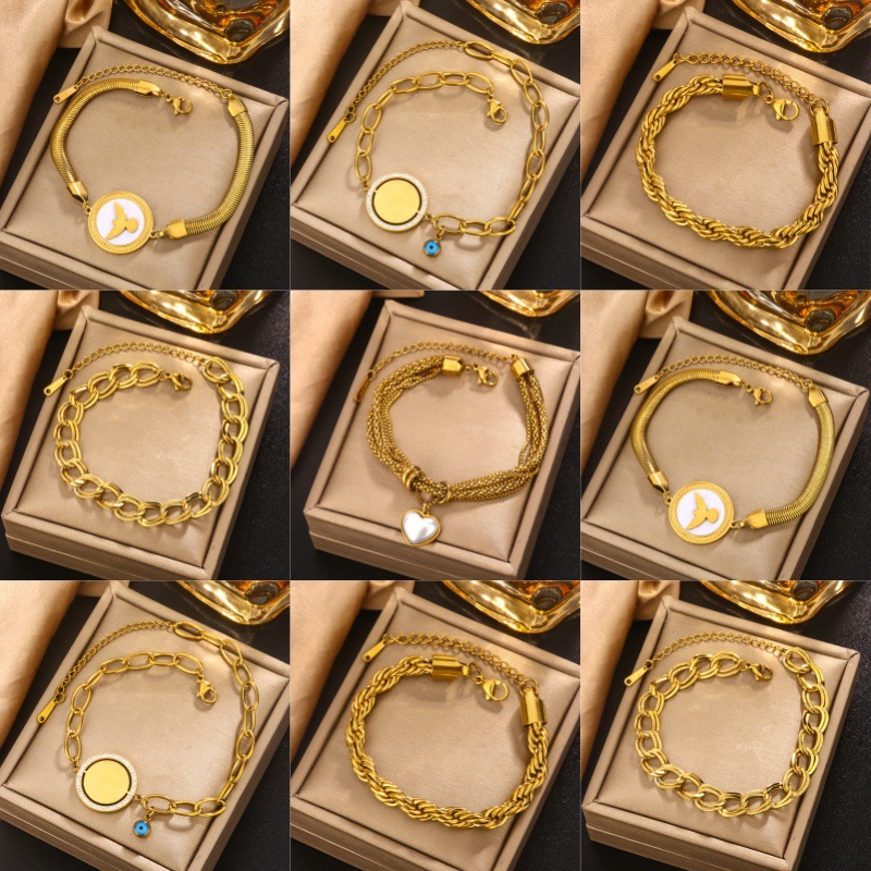 13g Weight PVD Coated Gold Plating Process 18K Gold Plated, 18K Real Gold Plated Plating Material 304 Stainless Steel Pendant Material Pearl, Zircon Inlay Material Bracelets Classification 304 Stainless Steel, Pearl Chain Material Paperclip Chain, Twisted Rope Chain, snake chain Chain Type Hip-Hop Geometric Heart Shape Titanium Steel 18K Gold Plated Pearl Zircon Paperclip Chain Twisted Rope Chain Snake Chain Bracelets In Bulk