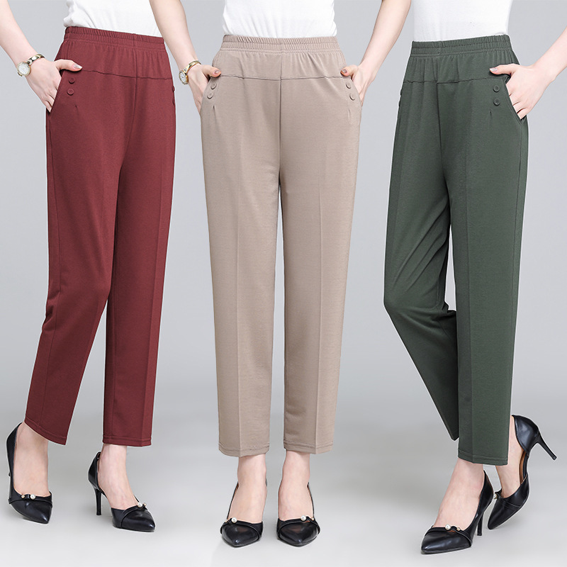 Mother's Pants Summer Thin Ankle-length Pants Loose Straight Middle-aged and Elderly Women's Pants Elastic High Waist Elderly Grandma's Suit
