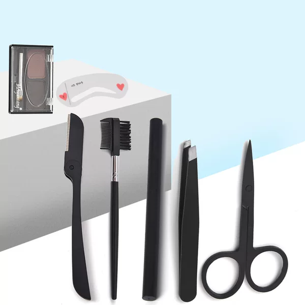 Factory wholesale stainless steel eyebrow shaping tool set, compact and easy to carry, includes eyebrow powder and eyebrow shape cards