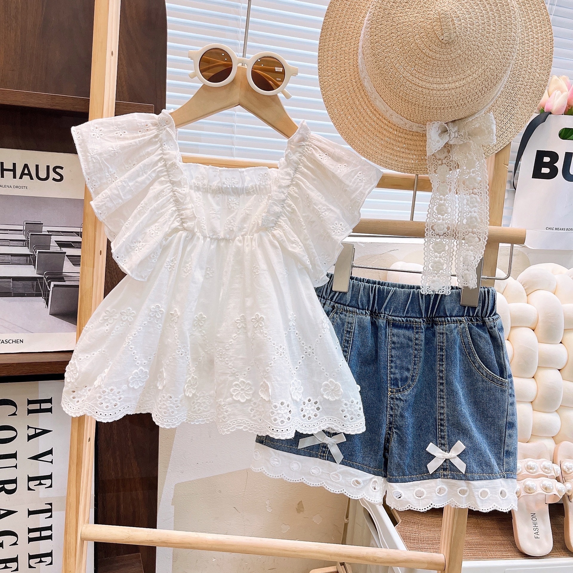 Ancorelala2025 Girls Summer New Cute Lace Doll Shirt Top and Denim Shorts Two-Piece Set