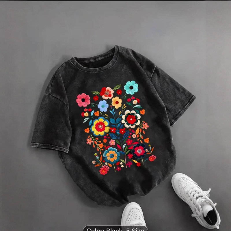 2025 Pure Cotton Washed T-Shirt Women's Printed Top Summer Round Neck T-Shirt Retro Black Women's T-Shirt 2025 Pure Cotton Washed T-Shirt Women's Printed Top Summer Round Neck T-Shirt Retro Black Women's T-Shirt
