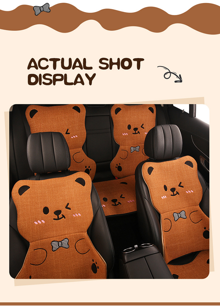 Car Seat Cushion Bear Cartoon Four-Season Universal Non-Slip Anti-Dirt Linen Seat Cover Protective Cover Full-Cover Linen Cartoon