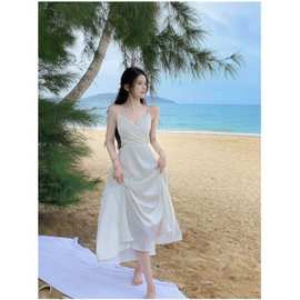 女神白色连衣裙甜美裙子女夏季长裙仙女裙吊带露背沙滩裙海边度假
