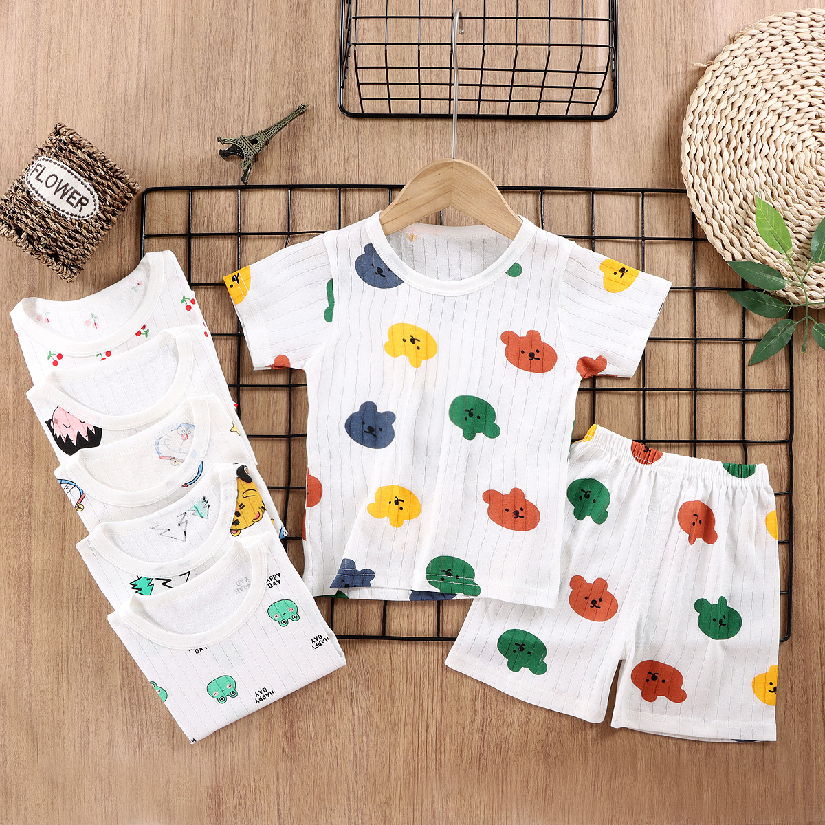 Traje de manga corta para niños de verano pijamas de algodón para Bebés Ropa de aire acondicionado de clase A ropa de verano para Niños y Niñas Ropa Para el hogar