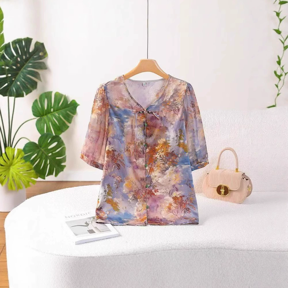 2025 новая летняя рубашка для мамы, модная и стильная рубашка с рукавом три четверти с принтом, легкая рубашка в национальном стиле, темпераментный универсальный топ