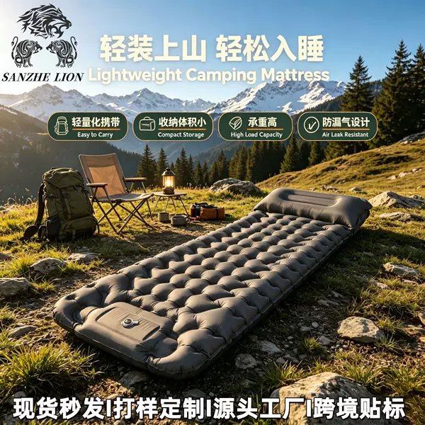 Outdoor inflatable mattress made of TPU composite fabric, press-to-inflate with foot pedal, suitable for camping and car use, convenient to store and foldable