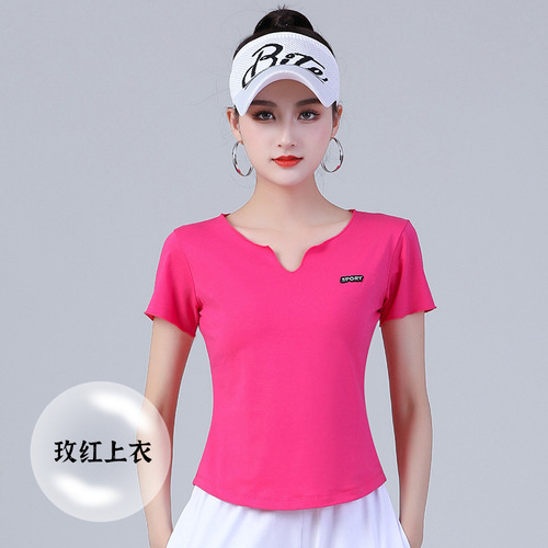 Momo Muda Spring and Summer Square Dance Small V-Neck Top for Women, Sports Fitness Dance Exercise Short-Sleeve T-Shirt Fashion Dance Costume