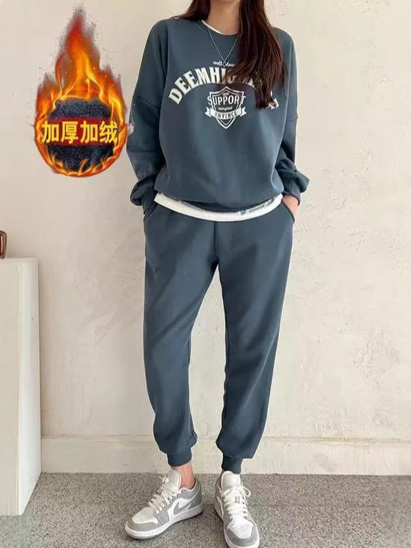 2023秋冬加厚韩国运动休闲套装女时尚洋气显瘦卫衣阔腿裤两件套|undefined