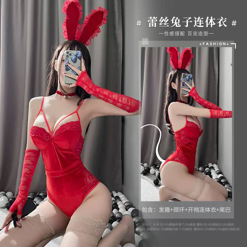 Bunny Girl Cosplay Lingerie Set with Gloves, Red Uniform for Small Busts — detail image 7