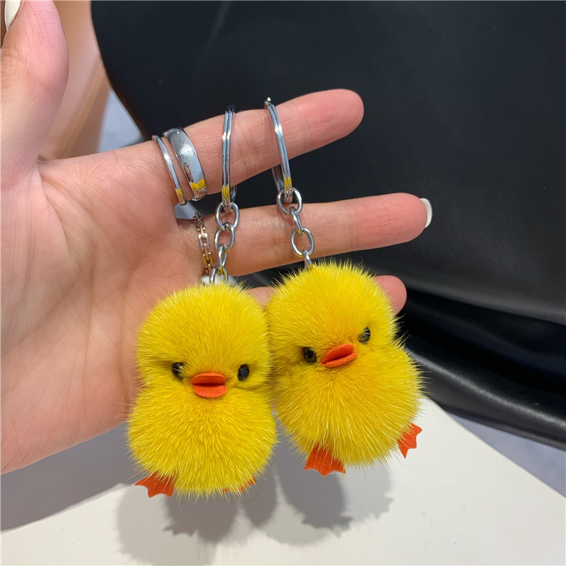Mini mink fur yellow duck car keychain pendant cute plush doll schoolbag pendant gift