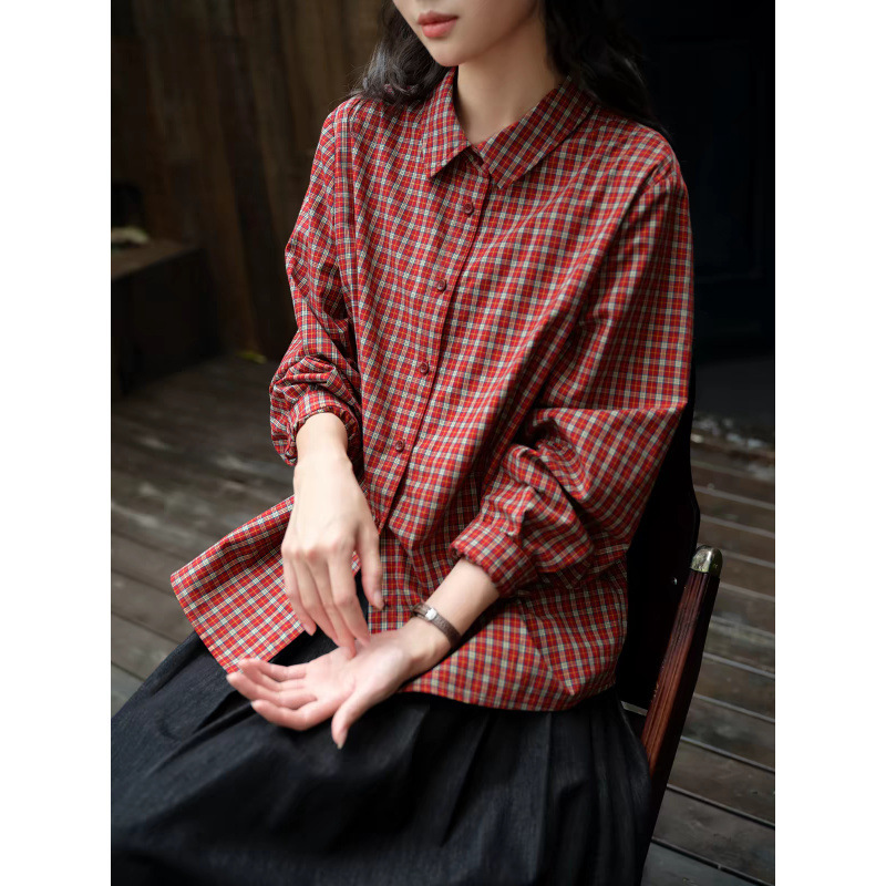 Korean-style fashion plaid cotton collared shirt, new spring and autumn loose slim-fit long-sleeve commuter shirt for women