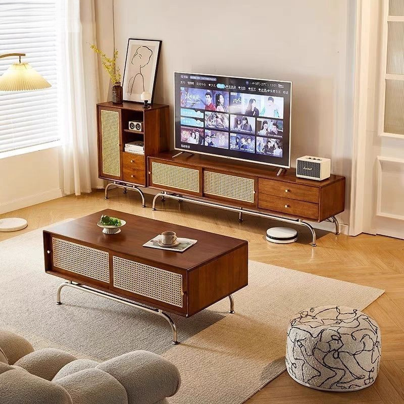 Medieval Style Solid Wood Tv Cabinet Coffee Table Small Apartment Living Room Home Simple Modern Rattan Storage Table Storage Floor Cabinet