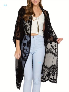 Women Casual Beachwear Cardigan Solid Color 3/4 Sleeve See through