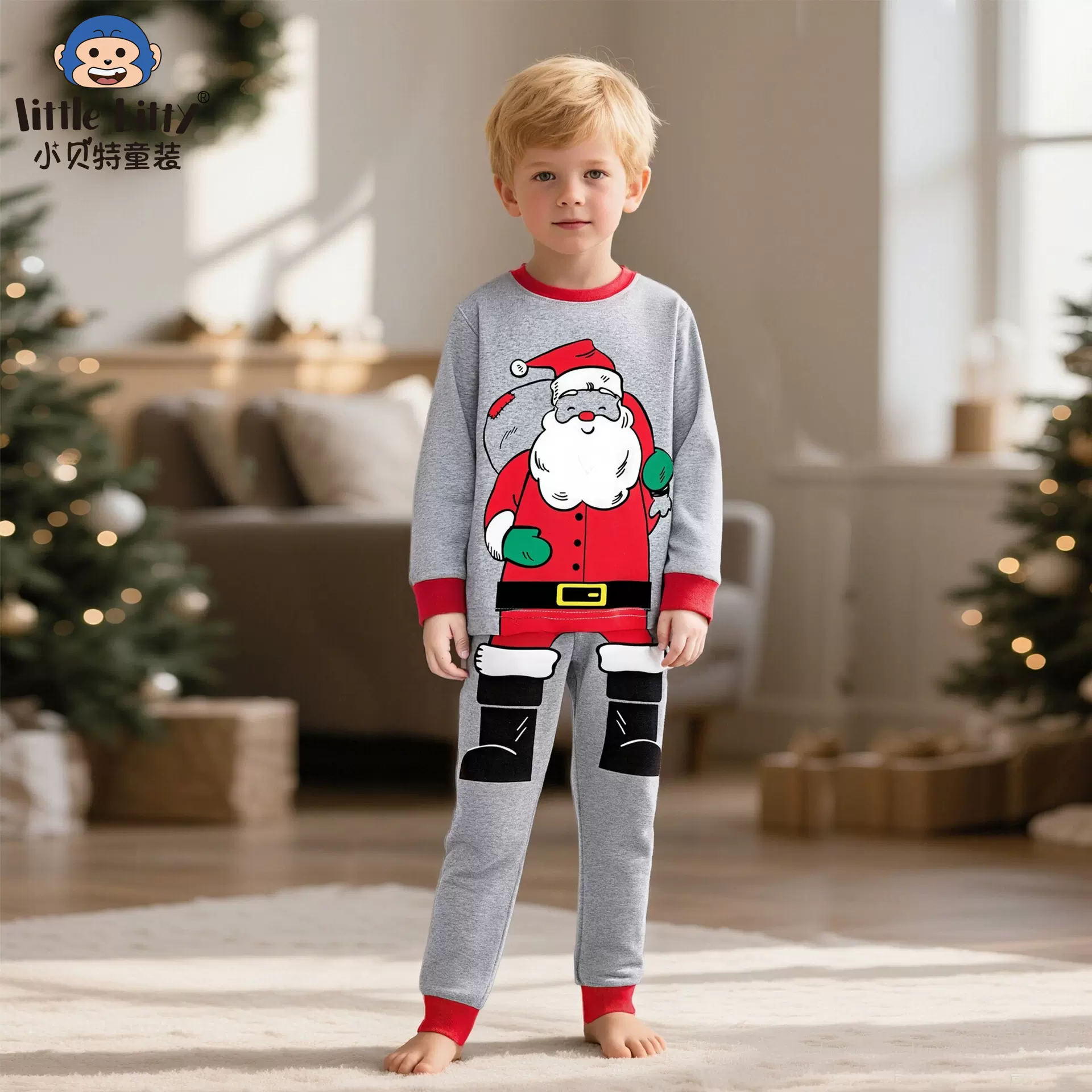 跨境秋冬童装圣诞节长袖长裤套装卡通圣诞节老人印花家居服睡衣