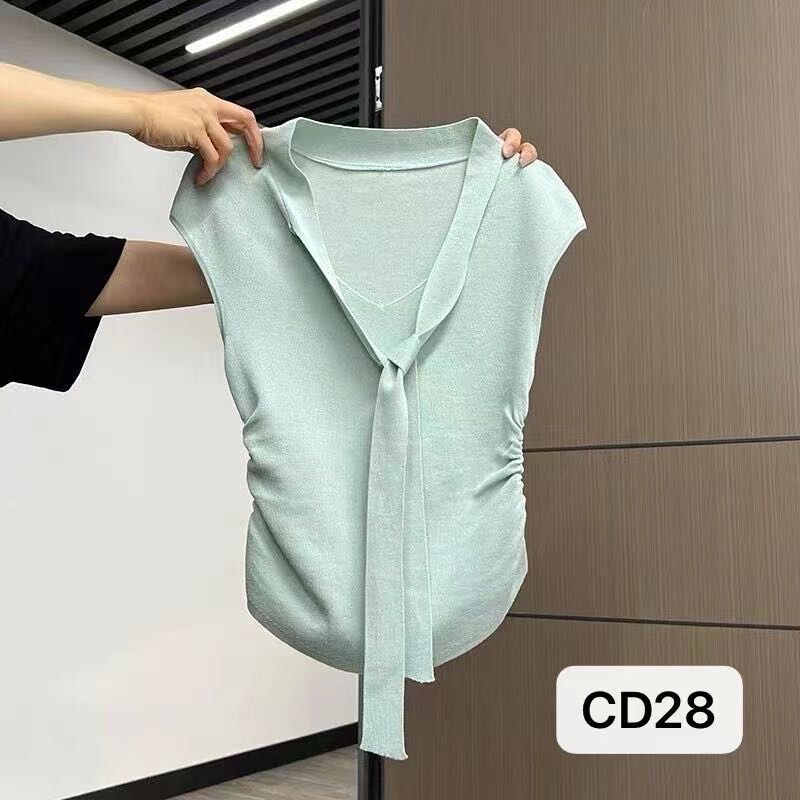 Designed Ribbon Pullover Cool Silk Knitwear Top for Women Summer 2025 New Slim Fit Pleated Slim Sleeveless