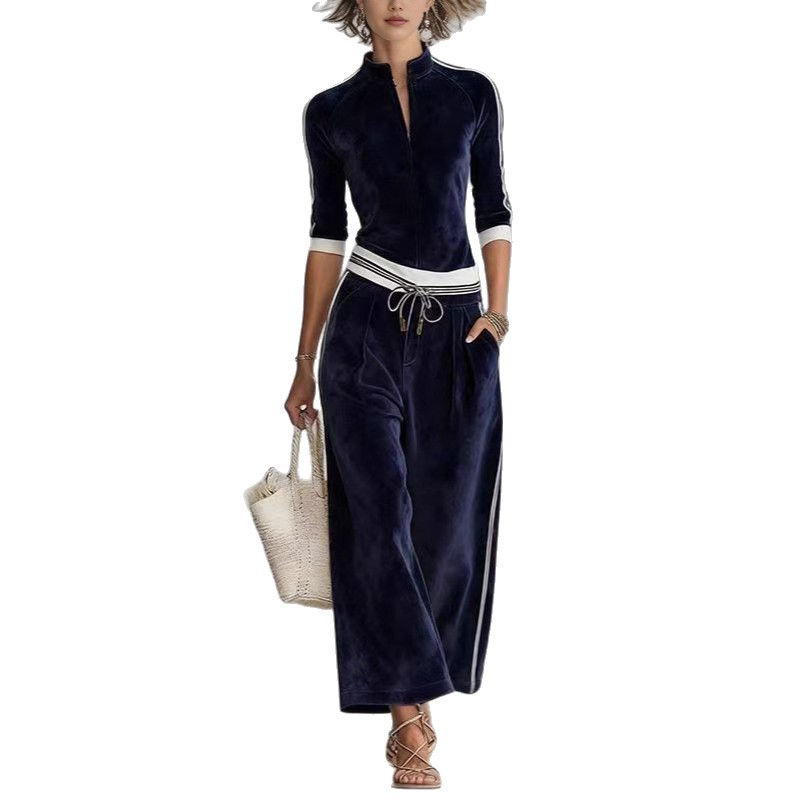 Women's Autumn Winter Fashion Casual Sportswear Set Korean Long Sleeved Solid Color High Neck Zipper Wide Leg Pants_ecoleips.com