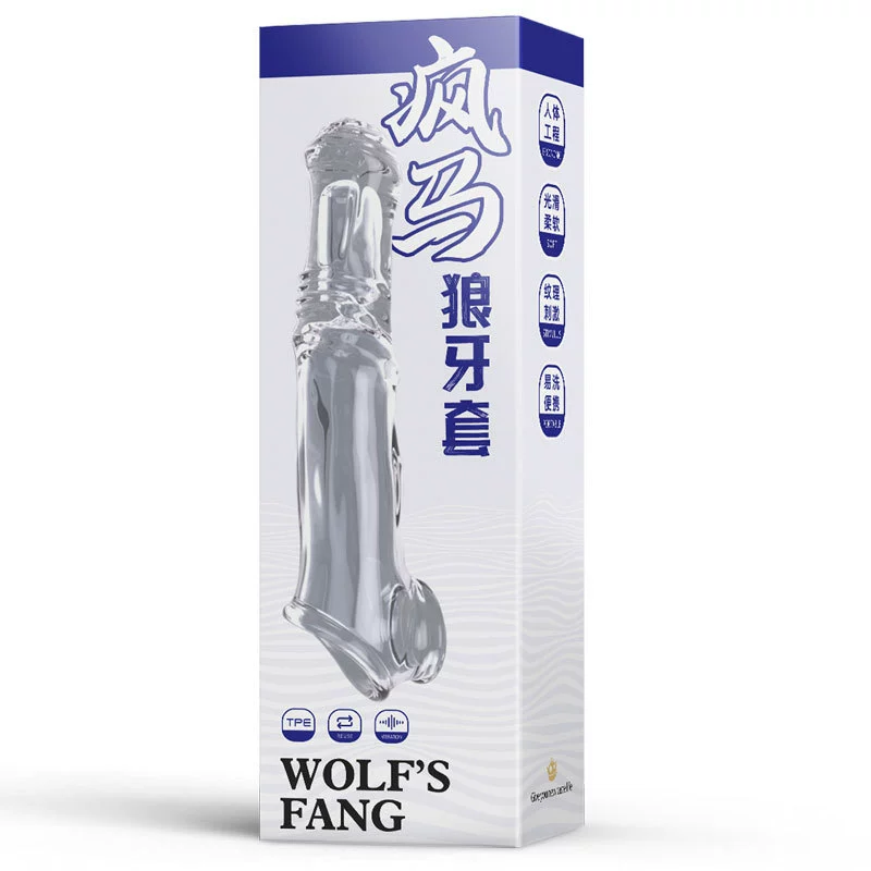Насадка-вибратор Wolf's Fang, кристальная текстура, вибро-чехол (прозрачный/чёрный)