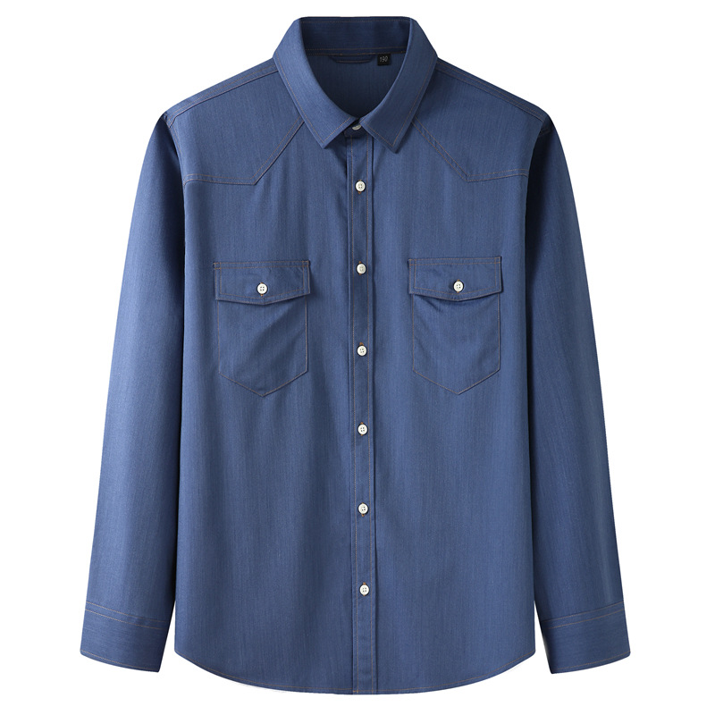 European American Cross-border Plus-size Men's Long-sleeve Denim Solid Color Casual Shirt, Loose Oversized,_voghion.com
