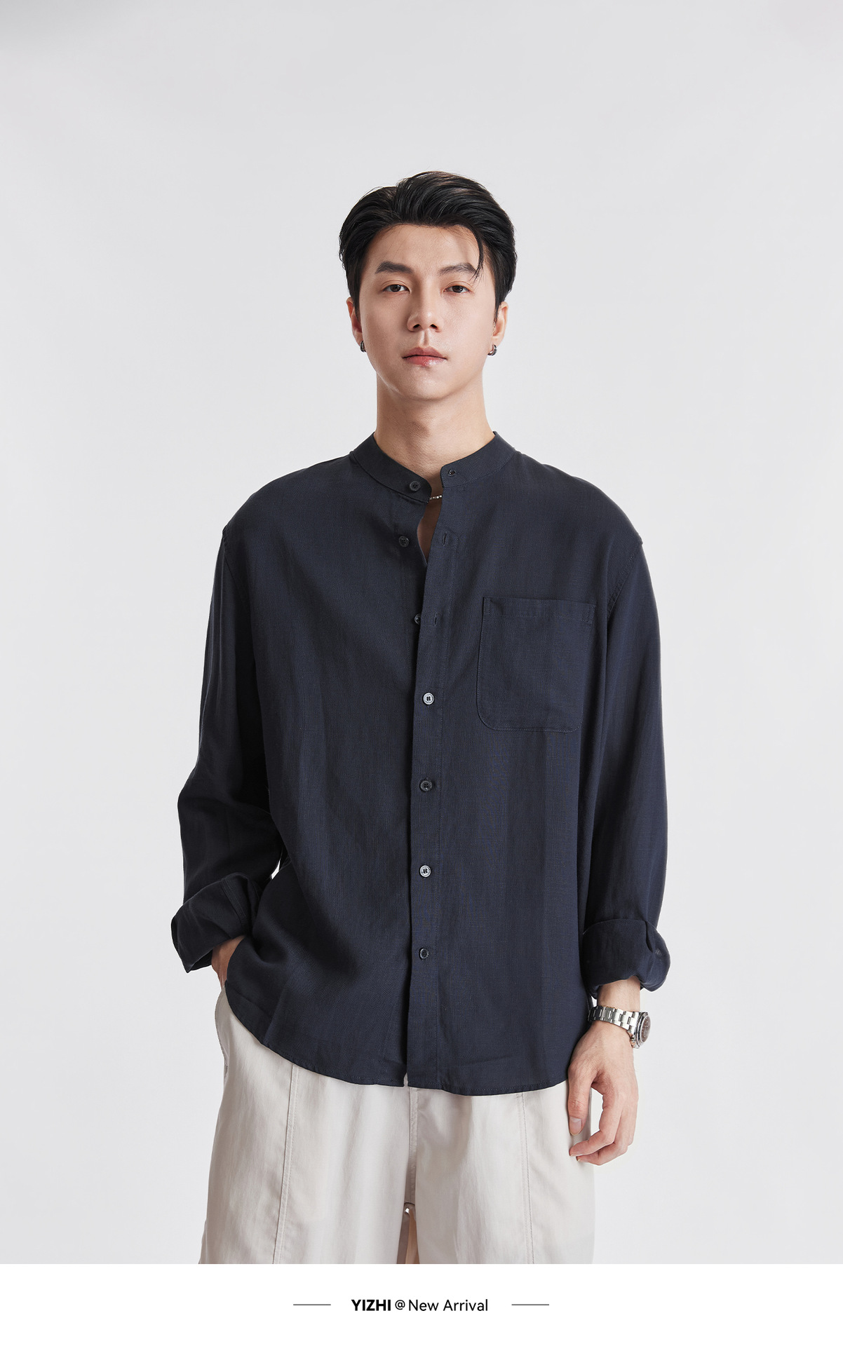 Áo sơ mi nam linen cổ đứng tay dài mùa hè, chất liệu lanh thoáng khí, phong cách Trung Hoa, túi đơn — Xanh navy chi tiết 19