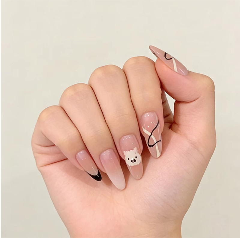 French nude dreamy cream puppy cute gradient two-color line almond armor 24 pieces wearable nail patch