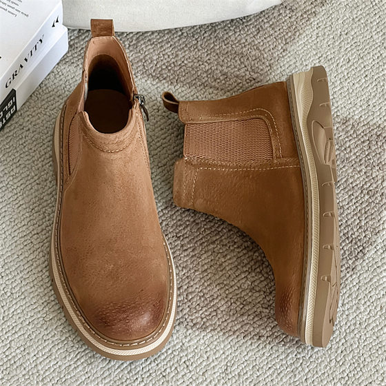 Genuine Leather Chelsea Martins Men's 2024 British Style All-match Retro Korean Style High-top Workwear Boots Slip-on Men's Boots