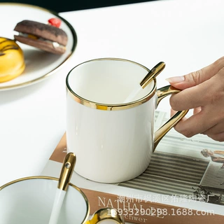 跨境欧式直身陶瓷马克杯金边瓷杯子咖啡杯可定logo早餐杯商务礼品