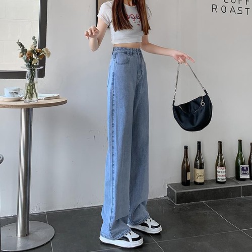 Vintage Blue Wide Leg Jeans for Women - Summer Thin Fit High-Waisted Pear Shape Straight Leg Loose Floor-Length Pants