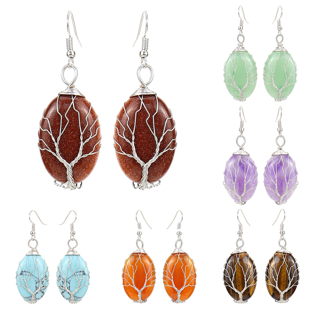 1 Pair Ethnic Style Tree Oval Alloy Natural Stone Handmade Drop Earrings display picture 7