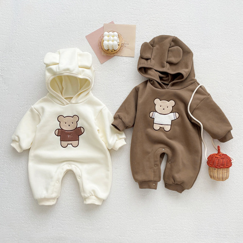 Ins Korean Version Baby Toddler Autumn/Winter Fleece Warm Long Sleeve Onesie Children Super Cute Cartoon Bear Hooded Crawling Suit