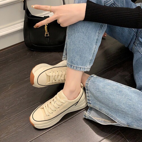 Luji Hokkaido thick-soled lace-up canvas shoes for women  spring new style small fragrance versatile casual white shoes