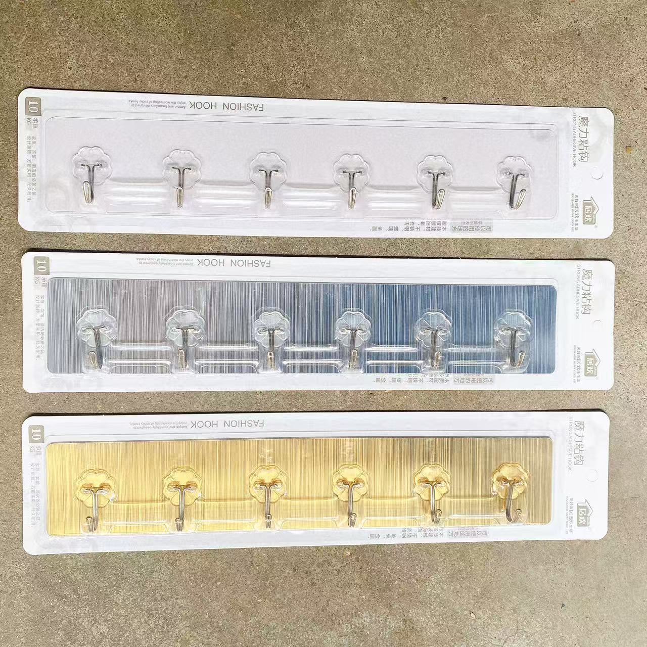 Seis filas de gancho adhesivo de succión de tarjetas sin perforación fuerte fuerza de carga transparente oro plateado sin marcas gancho de acero inoxidable multifunción