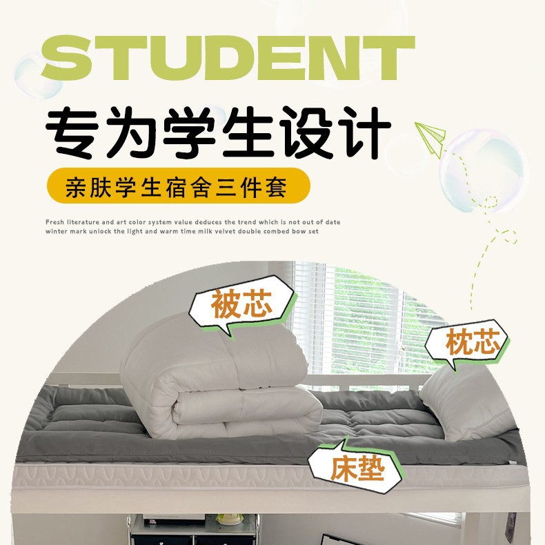 Student Dormitory Mattress Quilt Pillow Core School Mattress Quilt Core Pillow Single Sleeping Feather Silk Cotton Room Cushion Three-Piece Set