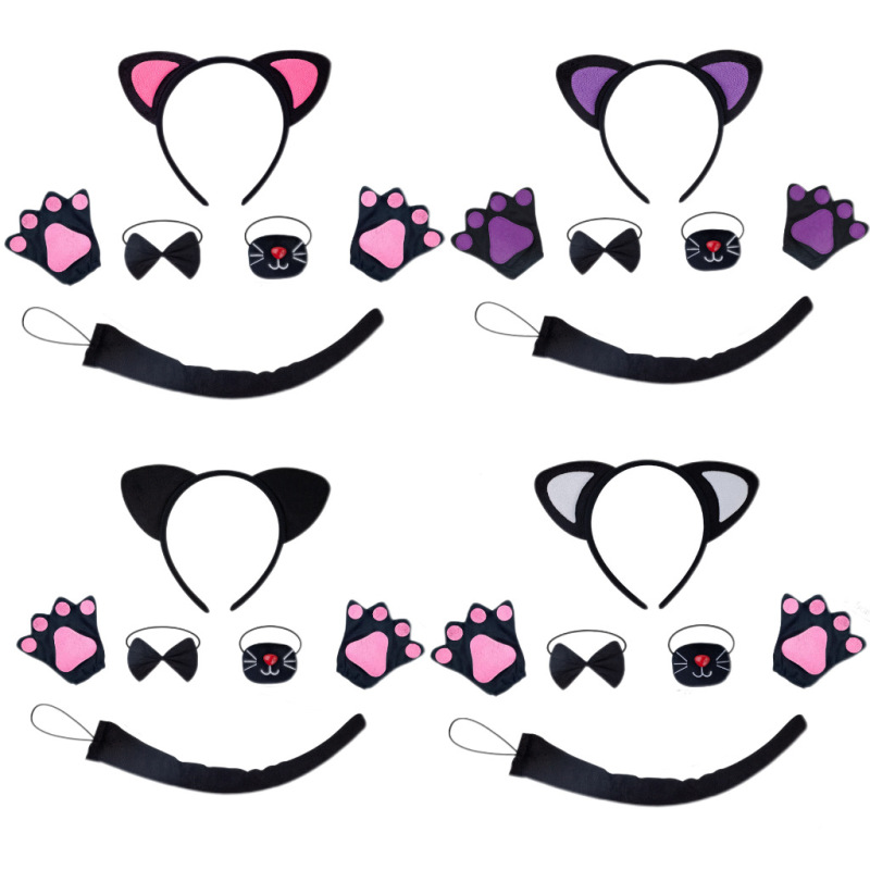 Halloween Cross-Border Cat Ear Headband Children's Headband Cosplay Cartoon Costume Accessories Bow Tie Tail Four-Piece Set
