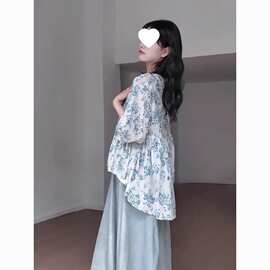 大码胖文艺减龄蝙蝠袖碎花衬衫女夏季设计感小众娃娃衫衬衣上衣