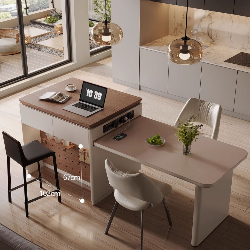 Mesa de comedor de la isla mesa de comedor de una pieza mesa de roca doméstica caída mesa de guía central simple moderna estilo crema mesa de comedor retráctil más mesa de bar