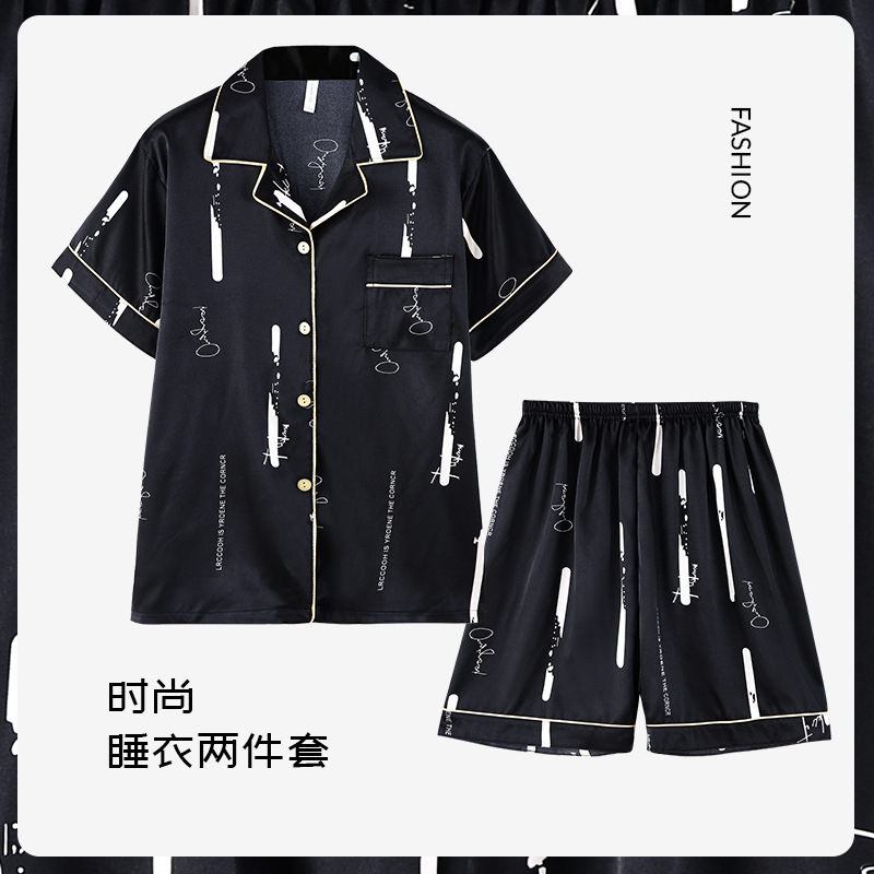 Traje de tres piezas de pijamas de verano de alta calidad para hombres Ropa de hogar de seda real de seda de hielo de manga corta para hombres jóvenes