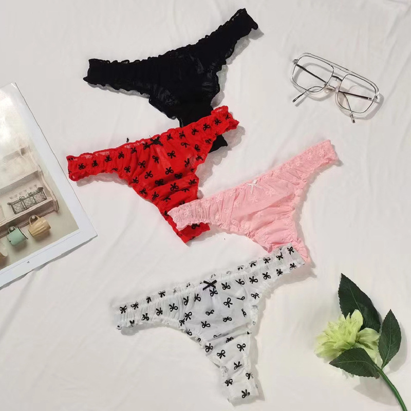 Ruffled Bow Mesh Thong Elastic T-pants Cotton Crotch Women's Thong Women's Thong