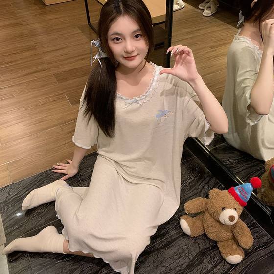 Nightgown for Women Summer New Style Modal Threaded Round Neck Short-Sleeved Mid-Length Nightgown for Girls Sweet and Cute Home Wear Thin